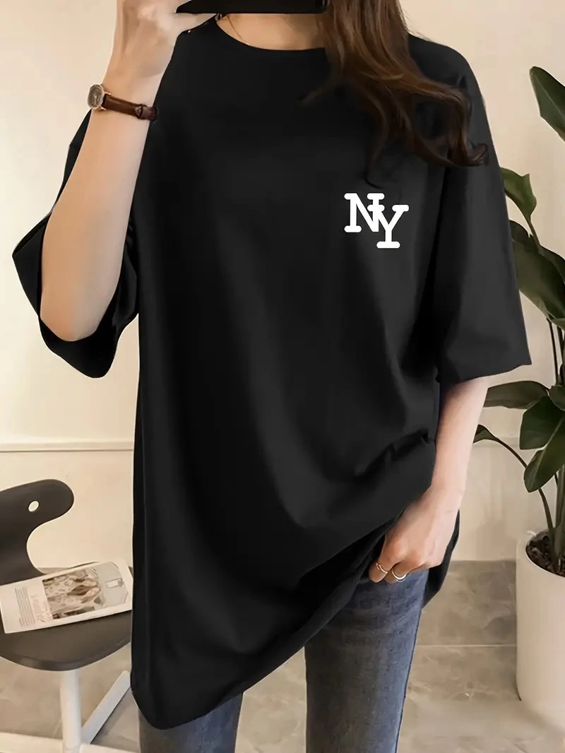 Kadın Eğlenceli Harf NY Baskılı Bisiklet Yaka Tişört - Rahat Polyester, Makinede Yıkanabilir - Yaz ve Fitness için Mükemmel, Yuvarlak Yaka - Siyah