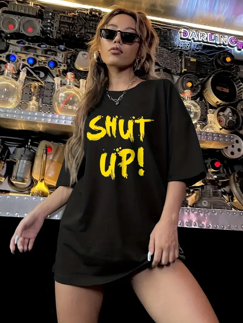 تي شيرت برقبة مستديرة وأكمام قصيرة بطباعة Shut up من قماش قطن مصقول (كومباكت) مقاس 20/1 - أسود