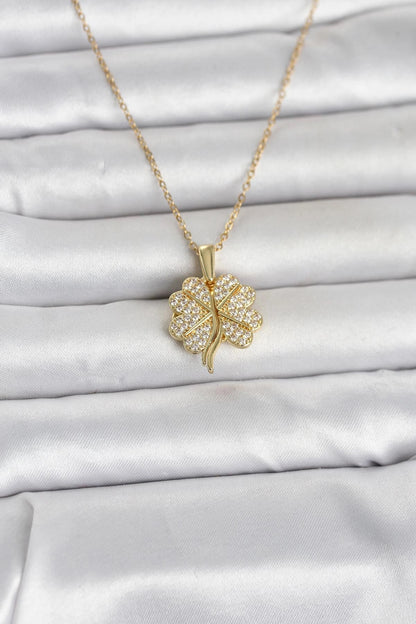 Mey İthalat® 316L Çelik Gold Renk Açılabilir Yonca Model Zirkon Taşlı Kadın Kolye