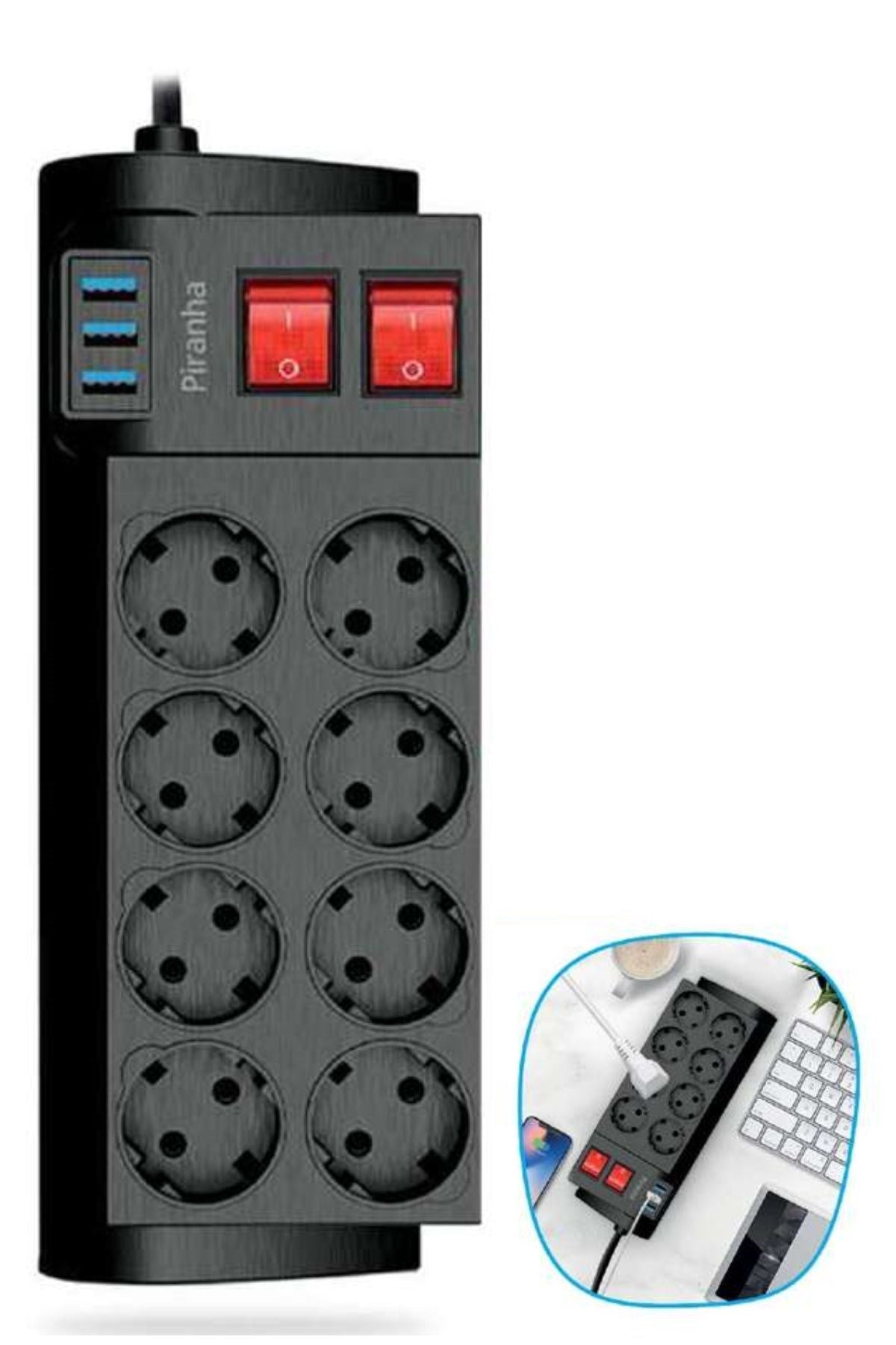 Starixa® Isıya Dayanıklı Termal Akım Korumalı 2 Metre 16A 4000W 8li Priz ve 3 Usb Li Uzatma Kablosu