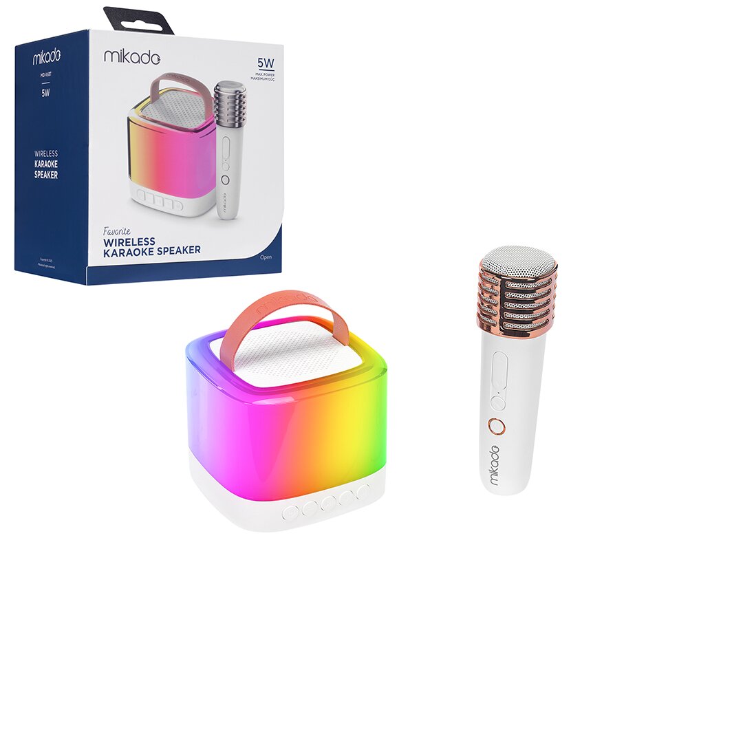 BEYAZ KARAOKE MİKROFONLU WİRELESS HOPARLÖR - SPEAKER IŞIKLI USB ŞARJLI BT - TF CARD - AUX 5W (5347)