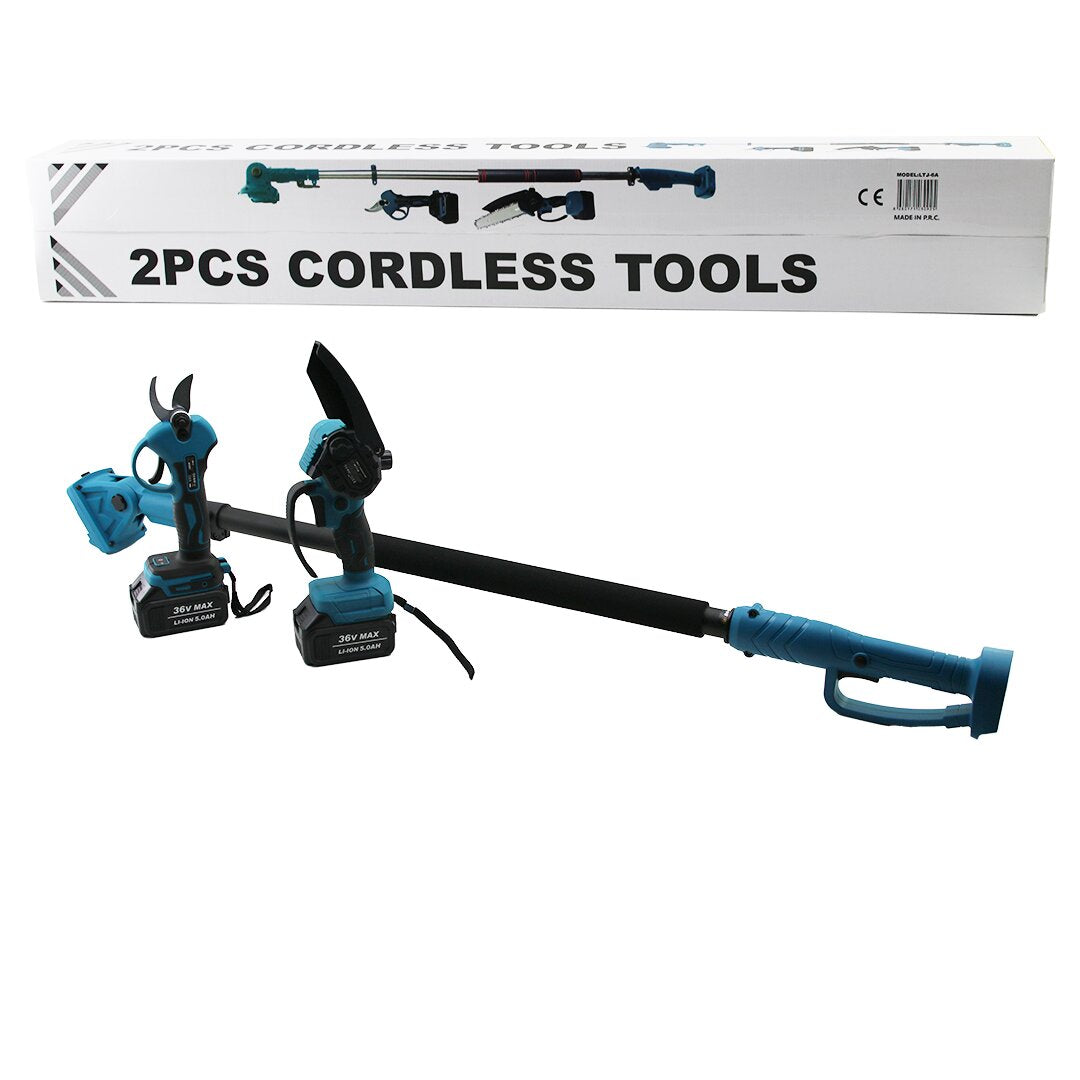 BN-5 CORDLESS TOOLS LTJ-6A ZZ-01 2 PCS SET 6 بوصة منشار قطع تقليم الأغصان = لاسلكي - بدون زيت - بسلسلة + مقص تشذيب لاسلكي بمقبض معدني تلسكوبي قابل للتمديد = 120-195 سم (5347)
