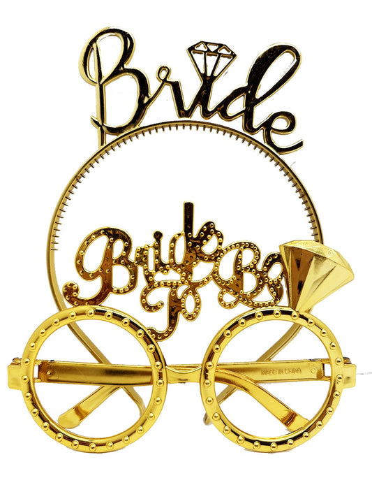 Bride Yazılı Taç ve Bride To Be Yazılı Gözlük Seti Altın Renk (5347)