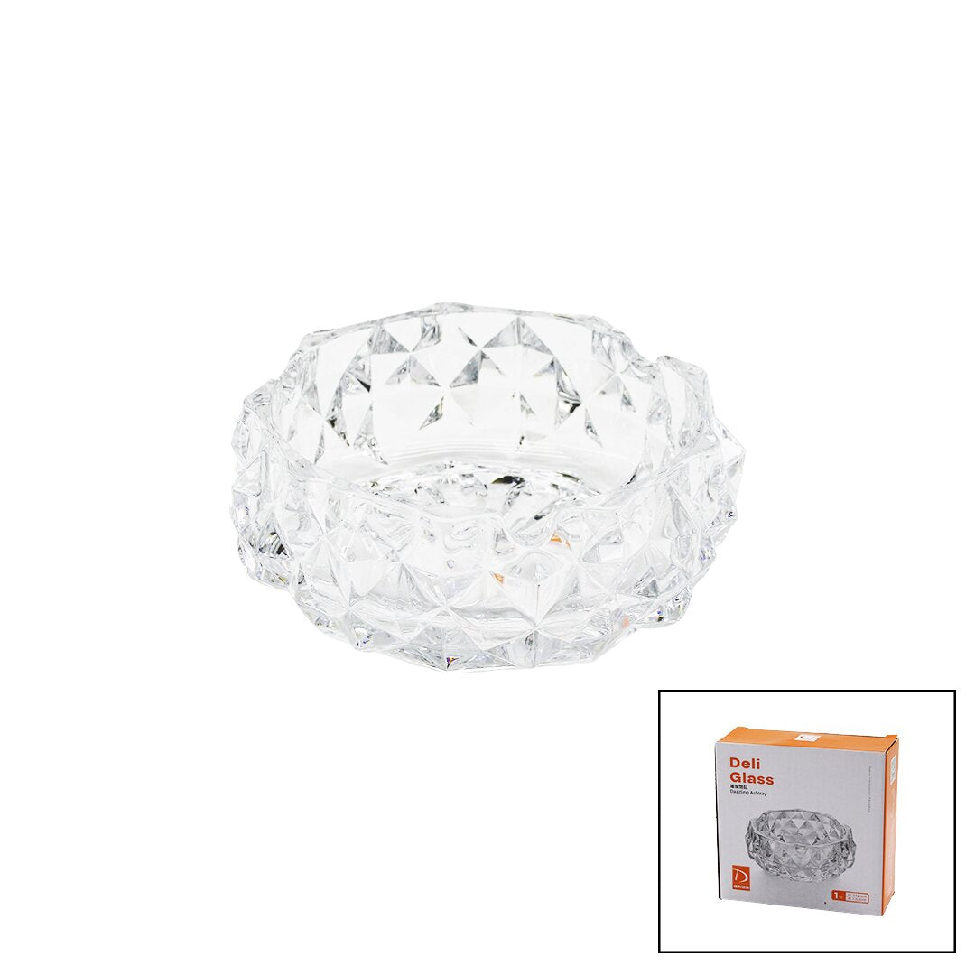 LARGE GLASS - DIAMOND CRYSTAL SHAPE ROUND ASHTRAY DIAMETER: 12.8CM - H: 5.2CM (5347)