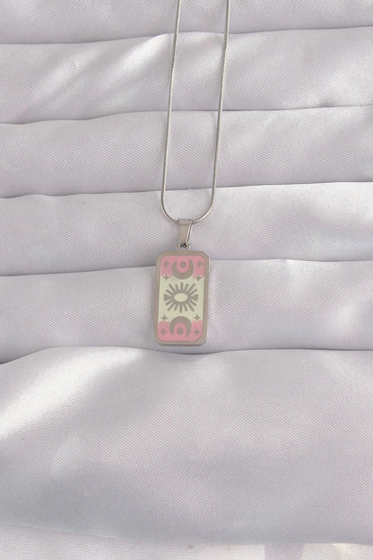Mey İthalat® 316L Çelik Gümüş Renk Pembe Mineli Ay Figür Tarot Kolye