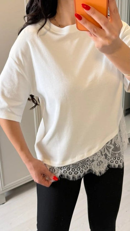 Kısa Kollu Bısıklet Yakalı Dantel Detaylı Vıskon ıkı ıplık Bluz