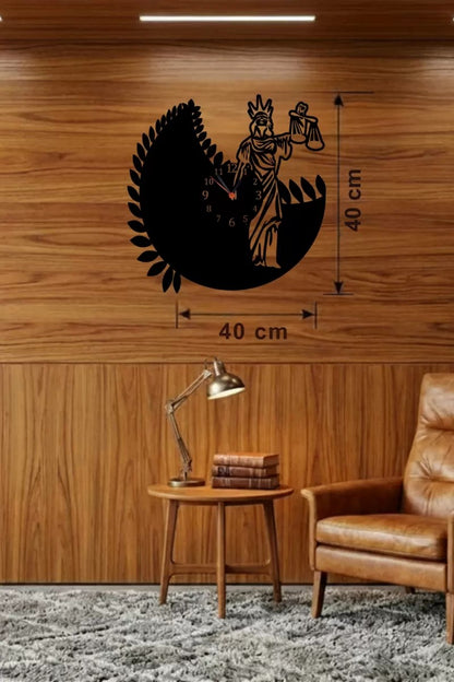 Mey İthalat® Adalet Tanrıçası Themis Tasarım Ahşap Duvar Saati - 40x40 cm Avukat Hediyesi