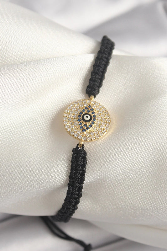 Mey İthalat® Pirinç Gold Renk Zirkon Taşlı Göz İşlemeli Figür Asansörlü Makrome Model Kadın Bileklik