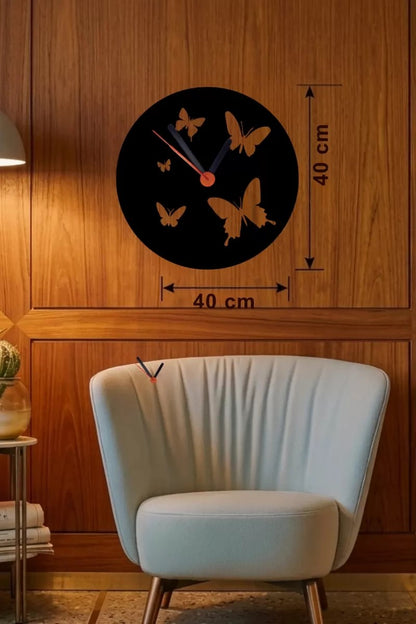 Mey İthalat® Uçuşan Kelebekler Tasarım Ahşap Duvar Saati - 40x40 cm Dekoratif