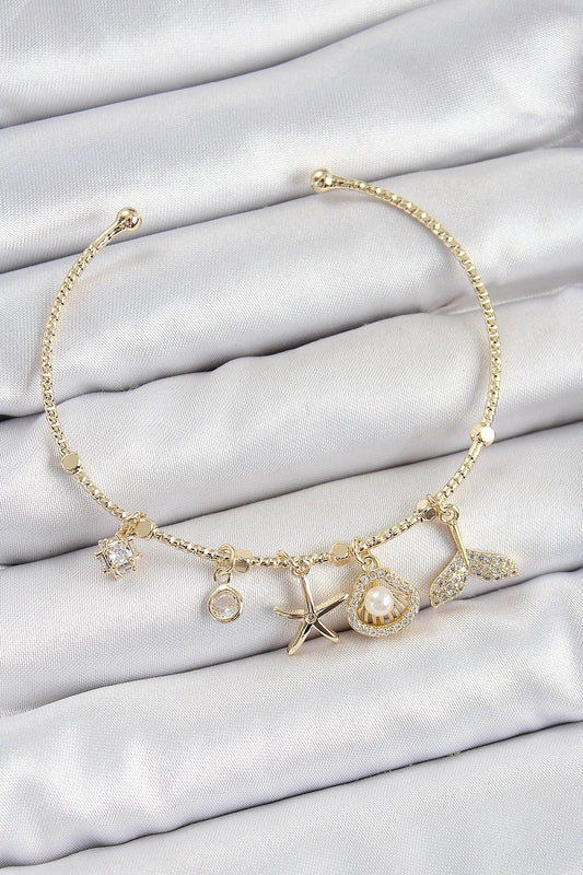 Mey İthalat® Pirinç Zirkon Taşlı İstiridye Ve Deniz Yıldızı Model Gold Renk Charm Bileklik