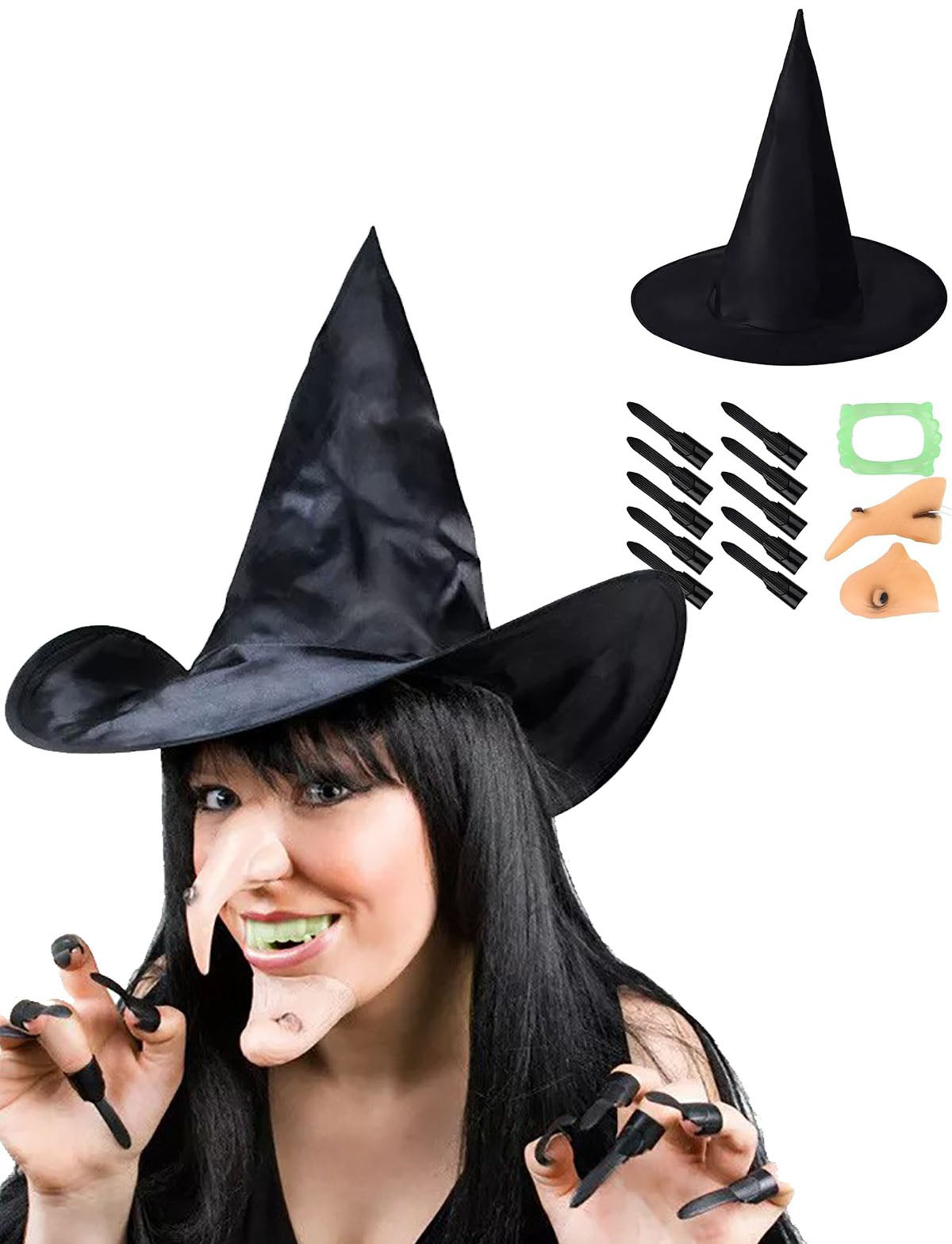 Witch Costume Set - Witch Hat, Witch Nails, Witch Nose, Witch Chin, Witch Teeth