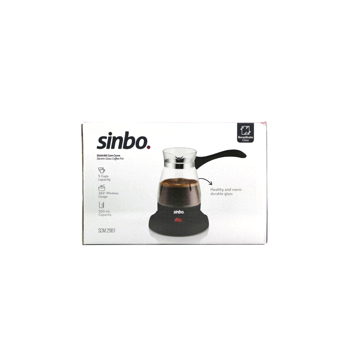 CAM ELEKTRİKLİ CEZVE TÜRK KAHVE MAKİNESİ - 5FİNCAN=500ML KABLOSUZ KULLANIM- 360°DÖNER 600W SCM-2981 (5347)
