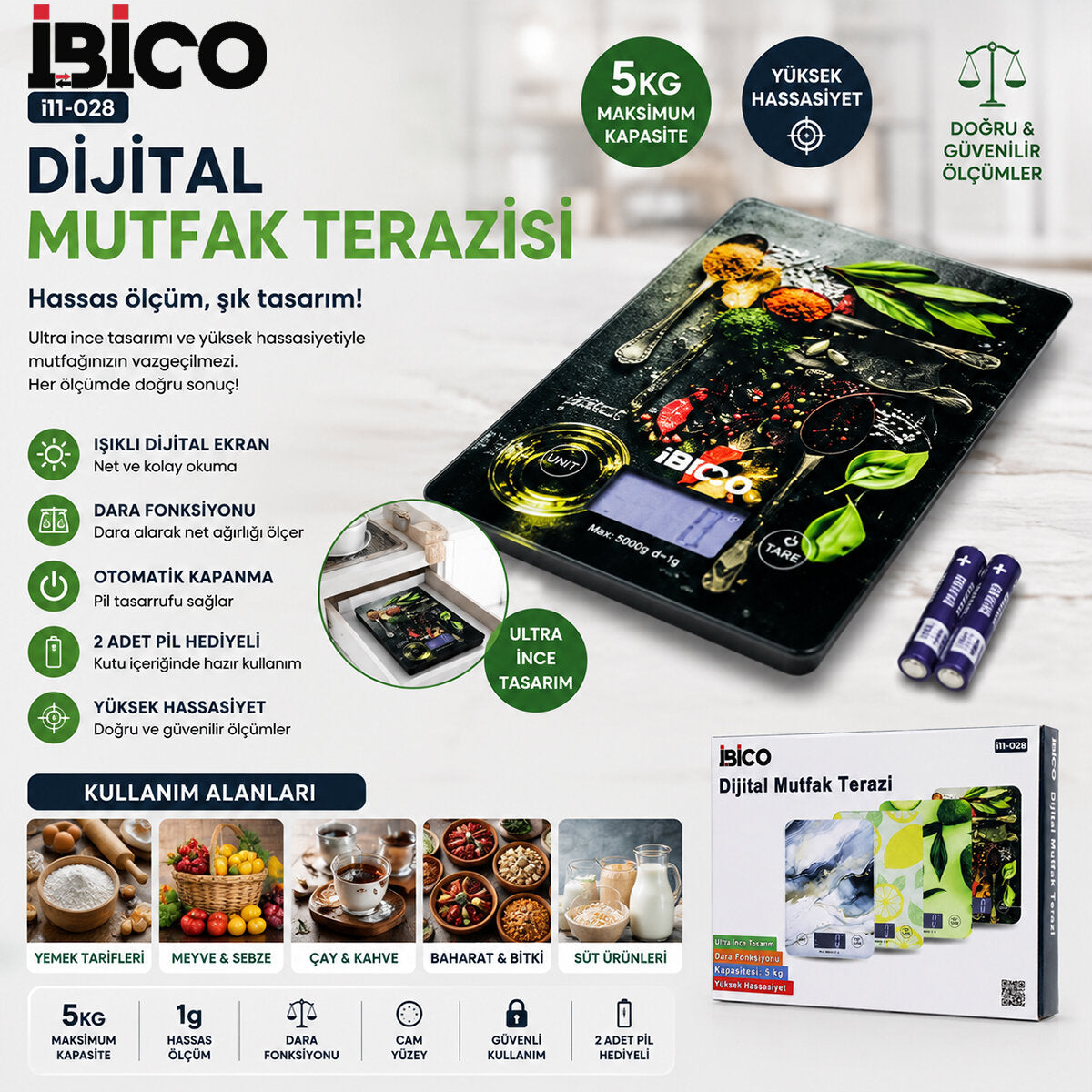 CAM MUTFAK TARTISI TERAZİ LCD EKRAN 5KG/1GR PİLLİ GR/OZ/ML/IB ÖLÇÜM İ11-028 (5347)
