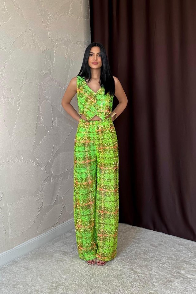 Yeşil Pullu Yelek Ve Pantolon Takım