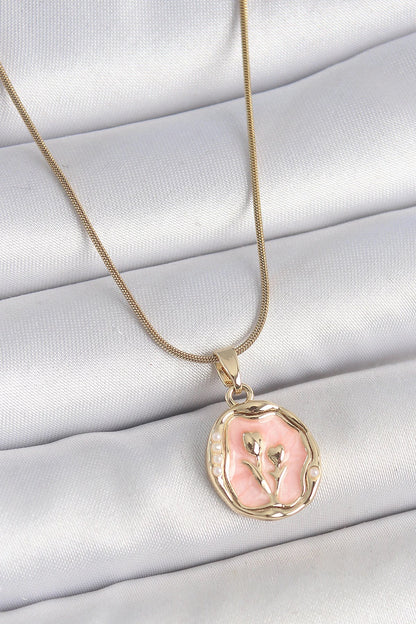 Mey İthalat® 316L Çelik Gold Renk Zincir Pembe Mineli Çiçek İşlemeli Portre Model Kadın Kolye
