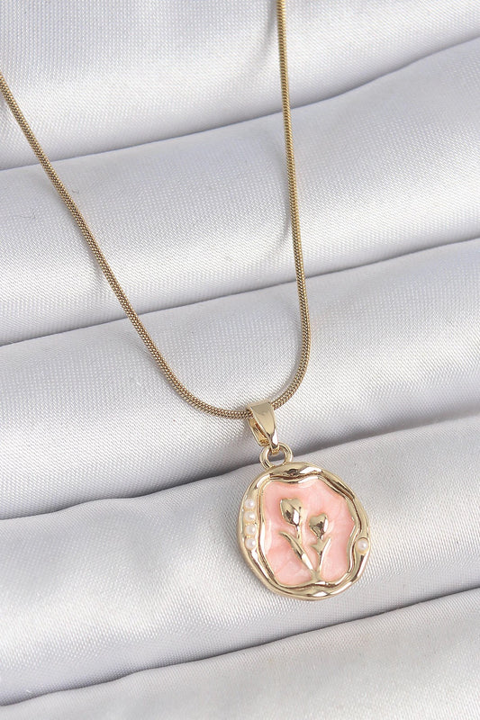 Mey İthalat® 316L Çelik Gold Renk Zincir Pembe Mineli Çiçek İşlemeli Portre Model Kadın Kolye