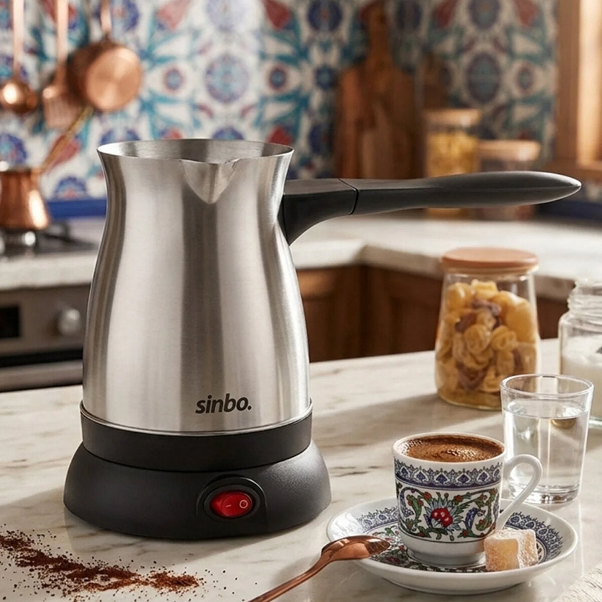 ÇELİK ELEKTRİKLİ CEZVE TÜRK KAHVE MAKİNESİ - 6FİNCAN=500ML 360° KABLOSUZ KULLANIM KATLANIR KULP SCM-9038 (5347)