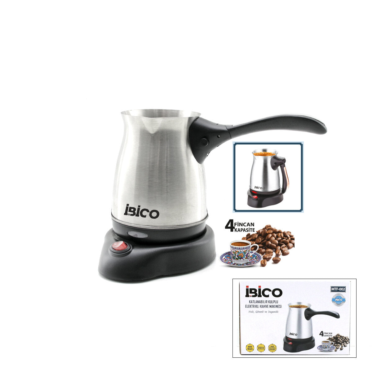 ÇELİK ELEKTRİKLİ CEZVE TÜRK KAHVE MAKİNESİ - 4FİNCAN=400ML KABLOSUZ KULLANIM- 360°DÖNER 600W MTF-002 (5347)