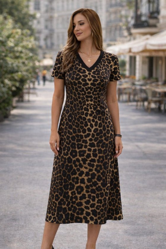 Kadın Kısa Kollu V Yakalı Leopar Desenli Kısa Süprem Elbise