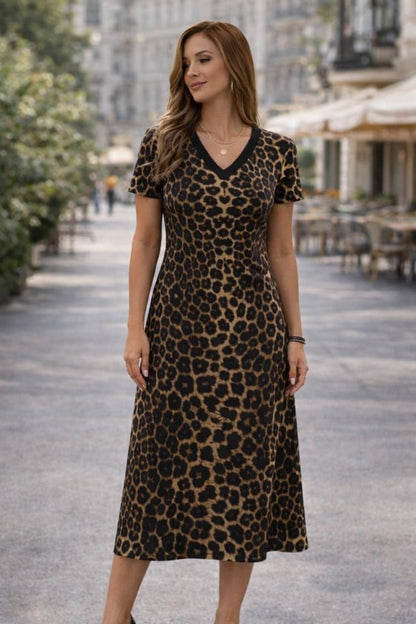 Kadın Kısa Kollu V Yakalı Leopar Desenli Kısa Süprem Elbise