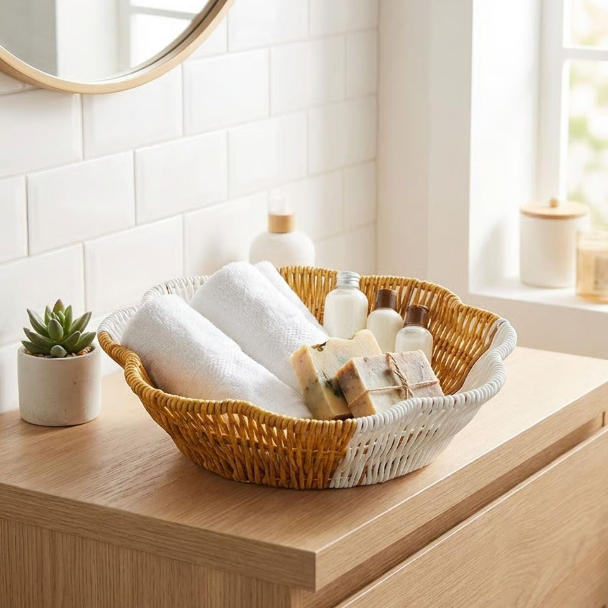 Çiçek Model Çift Renkli Plastik Rattan Ekmek ve Meyve Sepeti - Çok Amaçlı Banyo ve Mutfak Düzenleyici - Yıkanabilir Organizer (5347)