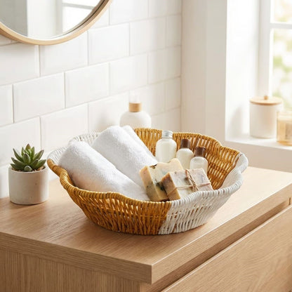 Çiçek Model Çift Renkli Plastik Rattan Ekmek ve Meyve Sepeti - Çok Amaçlı Banyo ve Mutfak Düzenleyici - Yıkanabilir Organizer (5347)