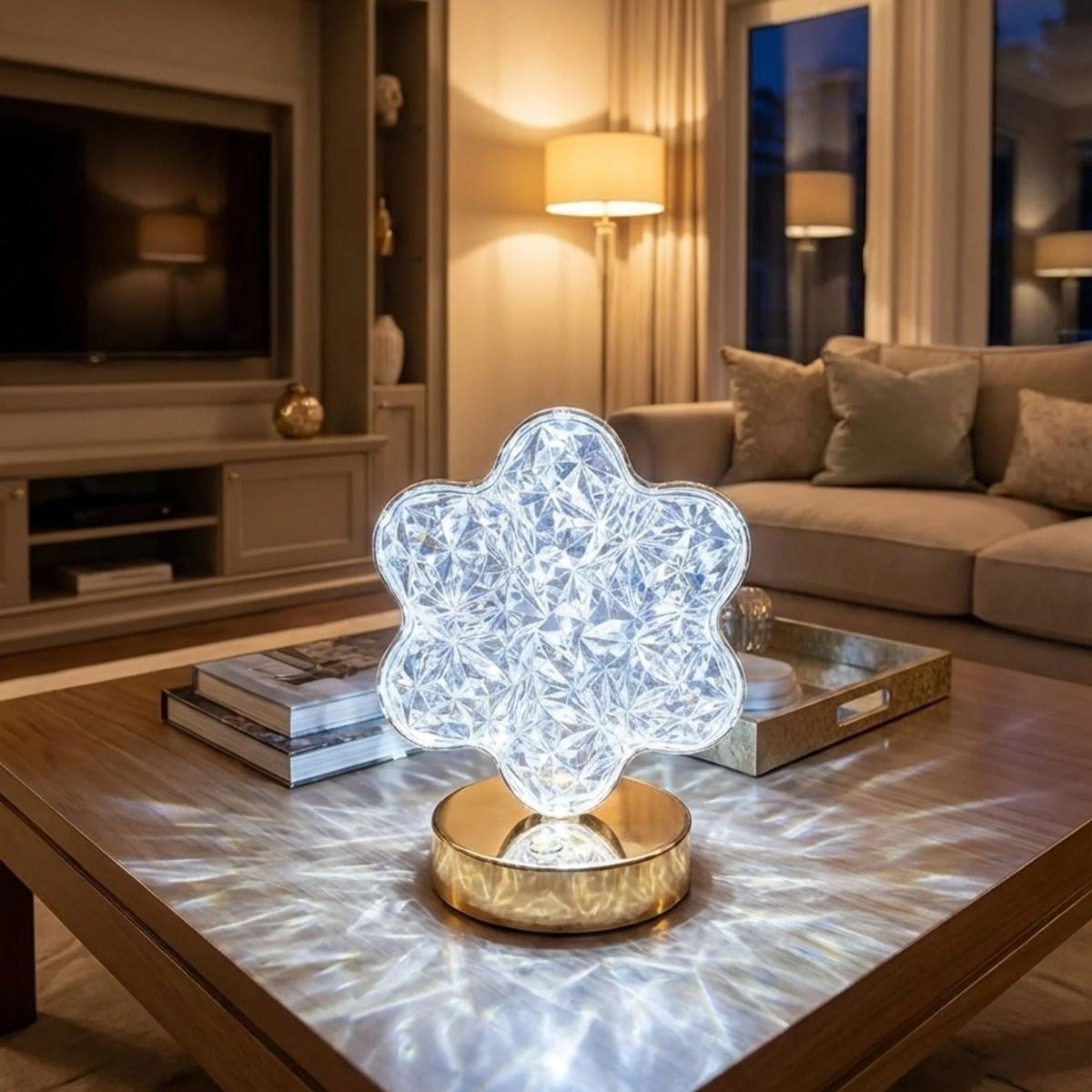 Çiçek Model Kristal LED Masa Lambası - Dokunmatik, 3 Renk Işık Modlu, Şarjlı Mini Dekoratif Gece Lambası (5347)