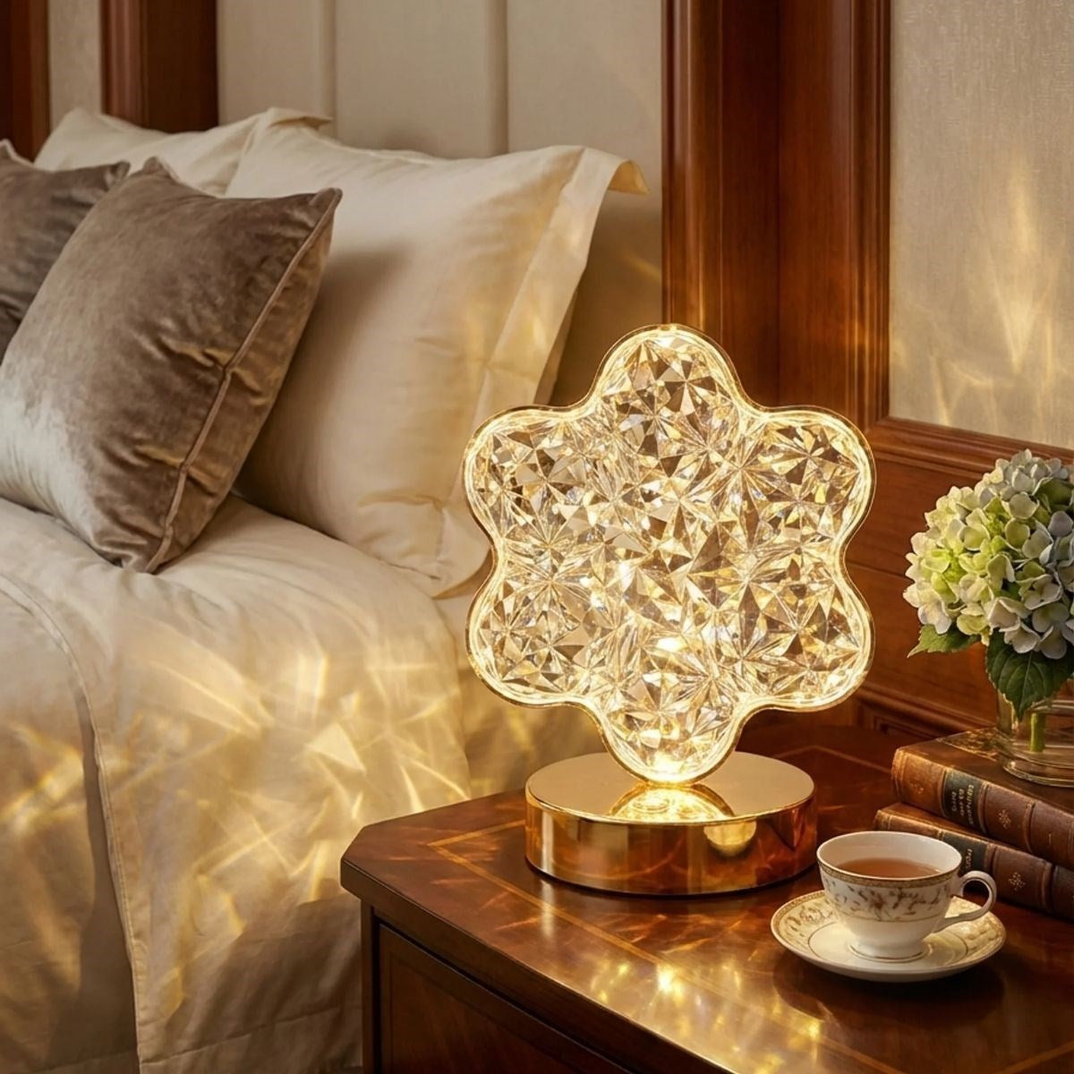Çiçek Model Kristal LED Masa Lambası - Dokunmatik, 3 Renk Işık Modlu, Şarjlı Mini Dekoratif Gece Lambası (5347)