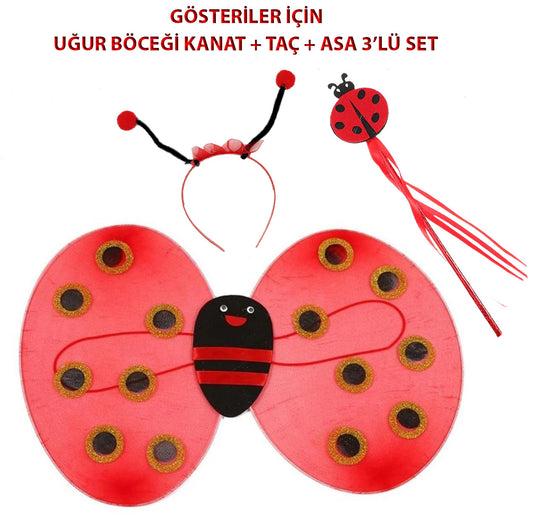 Çocuk Gösteri İçin Uğur Böceği Kanat + Taç + Asa 3'lü Kostüm Seti (5347)