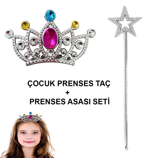 Çocuklar İçin Taraklı Prenses Tacı ve Prenses Yıldız Asa Seti Gümüş (5347)