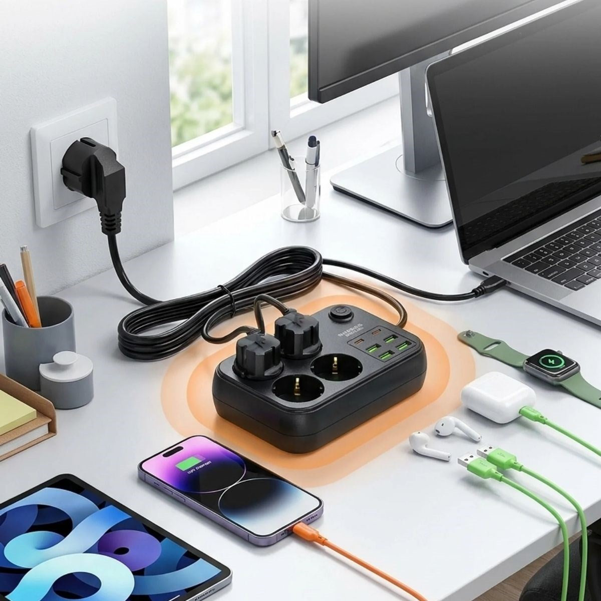Çoklu Priz Uzatma Kablosu 4 Soket + 4 USB + 2 Type-C - Termal Akım Korumalı, Isıya Dayanıklı, Çocuk Korumalı Güvenli Priz 100-250V (5347)