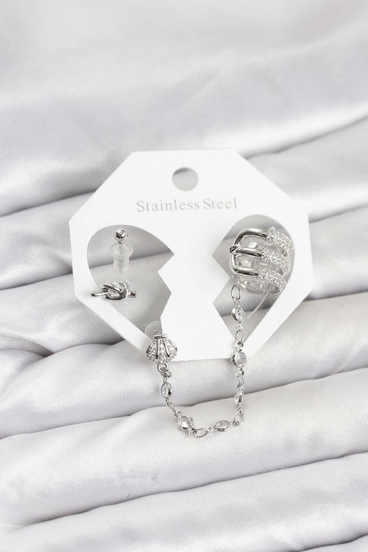 Mey İthalat® Pirinç Gümüş Renk Sarmal Model Zincir Bağlantılı Ear Cuff Küpe Seti
