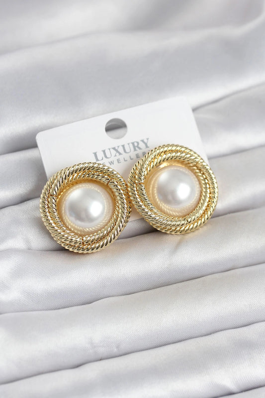 Mey İthalat® Pirinç Gold Renk Sarmal Model İncili Kadın Küpe