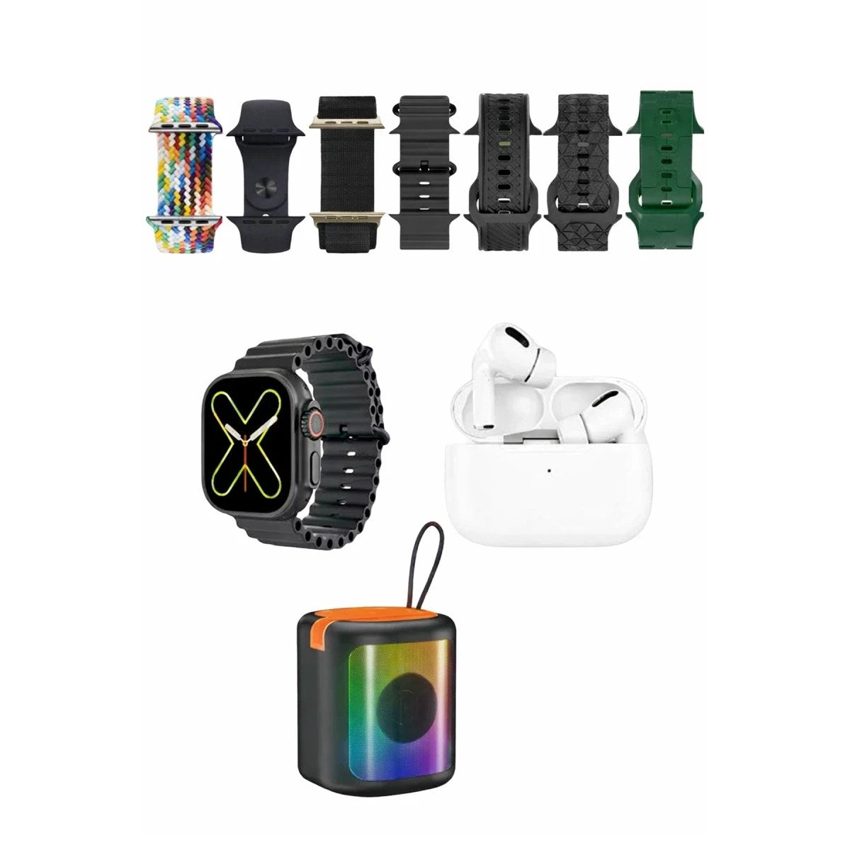 Mey İthalat®  K28 Kombo 7 Adet Kordon Akıllı Saat Airpods Kulaklık Kablosuz Hoparlör Set - Siyah