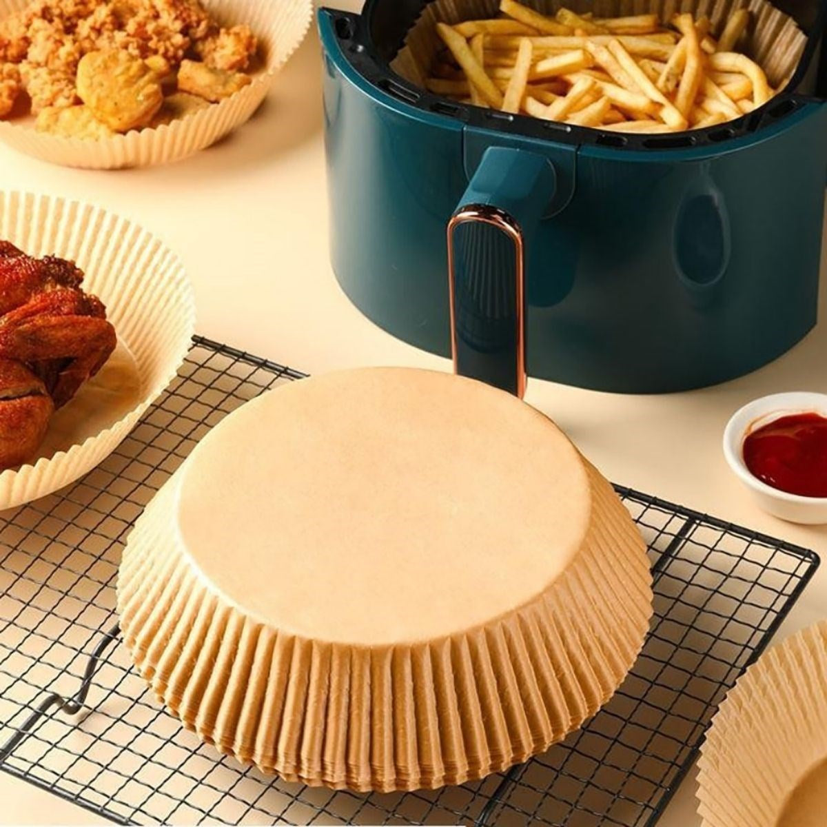 Starixa®100 Adet  Air Fryer Pişirme Kağıdı Tek Kullanımlık  Yağlı Kağıdı Yuvarlak Tabak Model