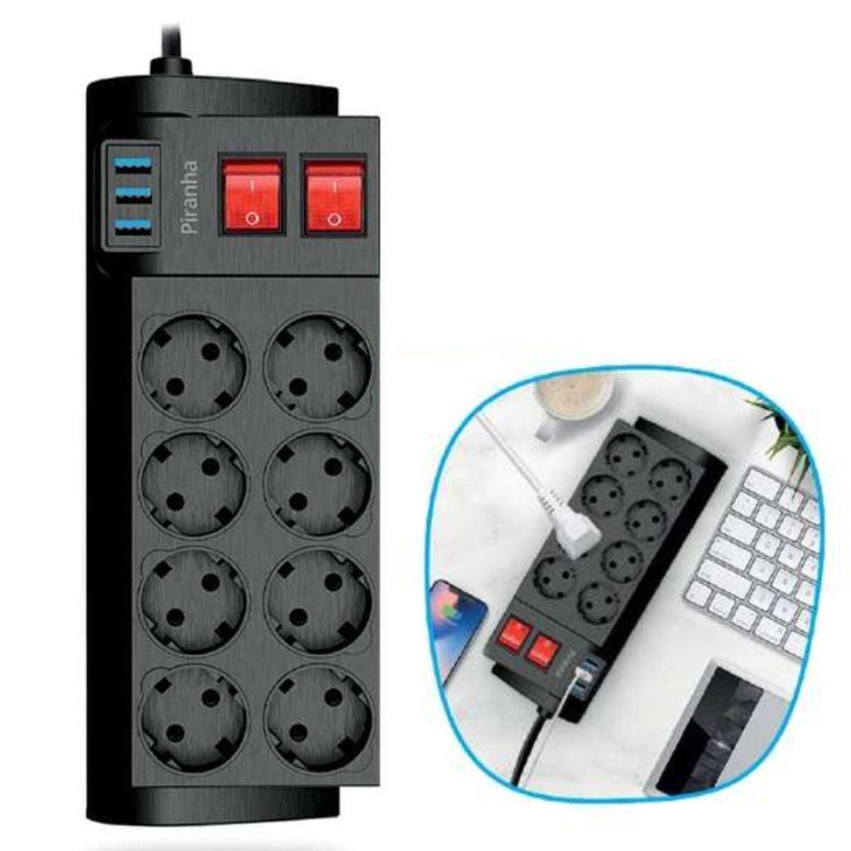 Starixa® Isıya Dayanıklı Termal Akım Korumalı 2 Metre 16A 4000W 8li Priz ve 3 Usb Li Uzatma Kablosu