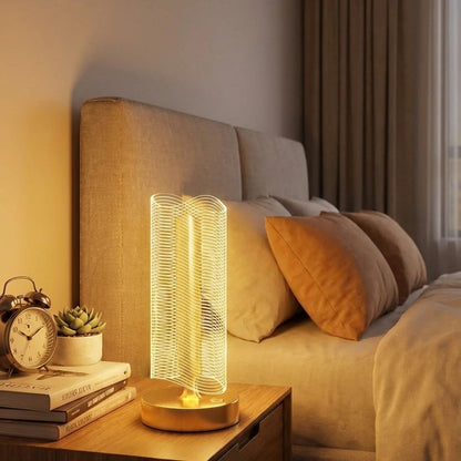 Dalgalı Silindirik Kristal Çizgili Model LED Masa Lambası - Gold Tabanlı, Dokunmatik, 3 Renk Işık Modlu, Şarjlı Modern Dekoratif Gece Lambası (5347)
