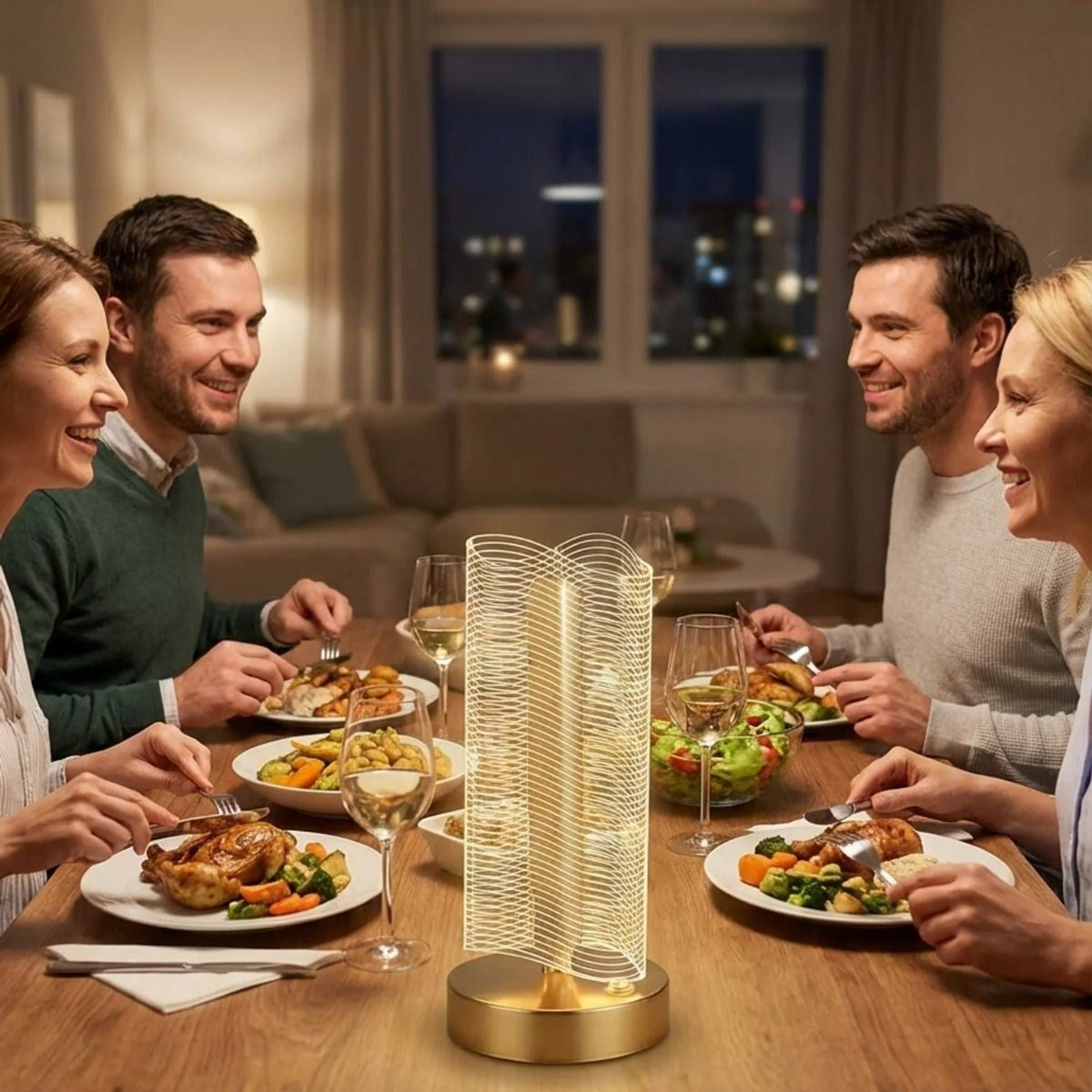 Dalgalı Silindirik Kristal Çizgili Model LED Masa Lambası - Gold Tabanlı, Dokunmatik, 3 Renk Işık Modlu, Şarjlı Modern Dekoratif Gece Lambası (5347)