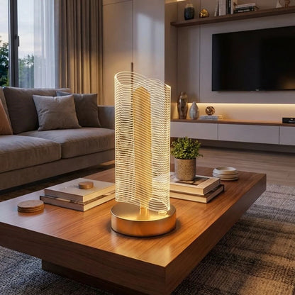 Dalgalı Silindirik Kristal Çizgili Model LED Masa Lambası - Gold Tabanlı, Dokunmatik, 3 Renk Işık Modlu, Şarjlı Modern Dekoratif Gece Lambası (5347)