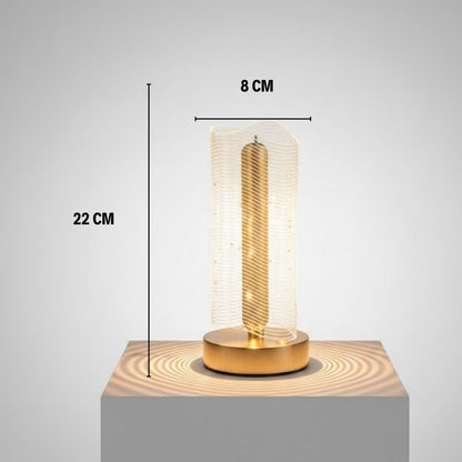 Dalgalı Silindirik Kristal Çizgili Model LED Masa Lambası - Gold Tabanlı, Dokunmatik, 3 Renk Işık Modlu, Şarjlı Modern Dekoratif Gece Lambası (5347)