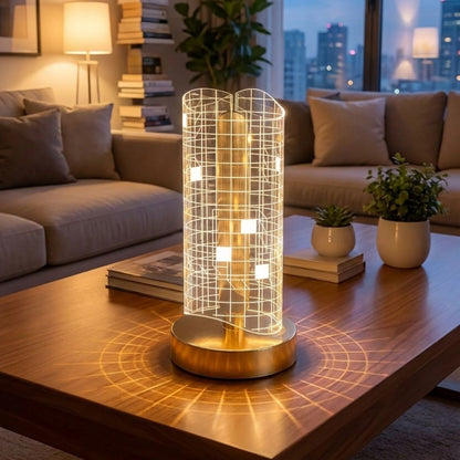 Dalgalı Silindirik Kristal Kareli Model LED Masa Lambası - Gold Tabanlı, Dokunmatik, 3 Renk Işık Modlu, Şarjlı Modern Dekoratif Gece Lambası (5347)