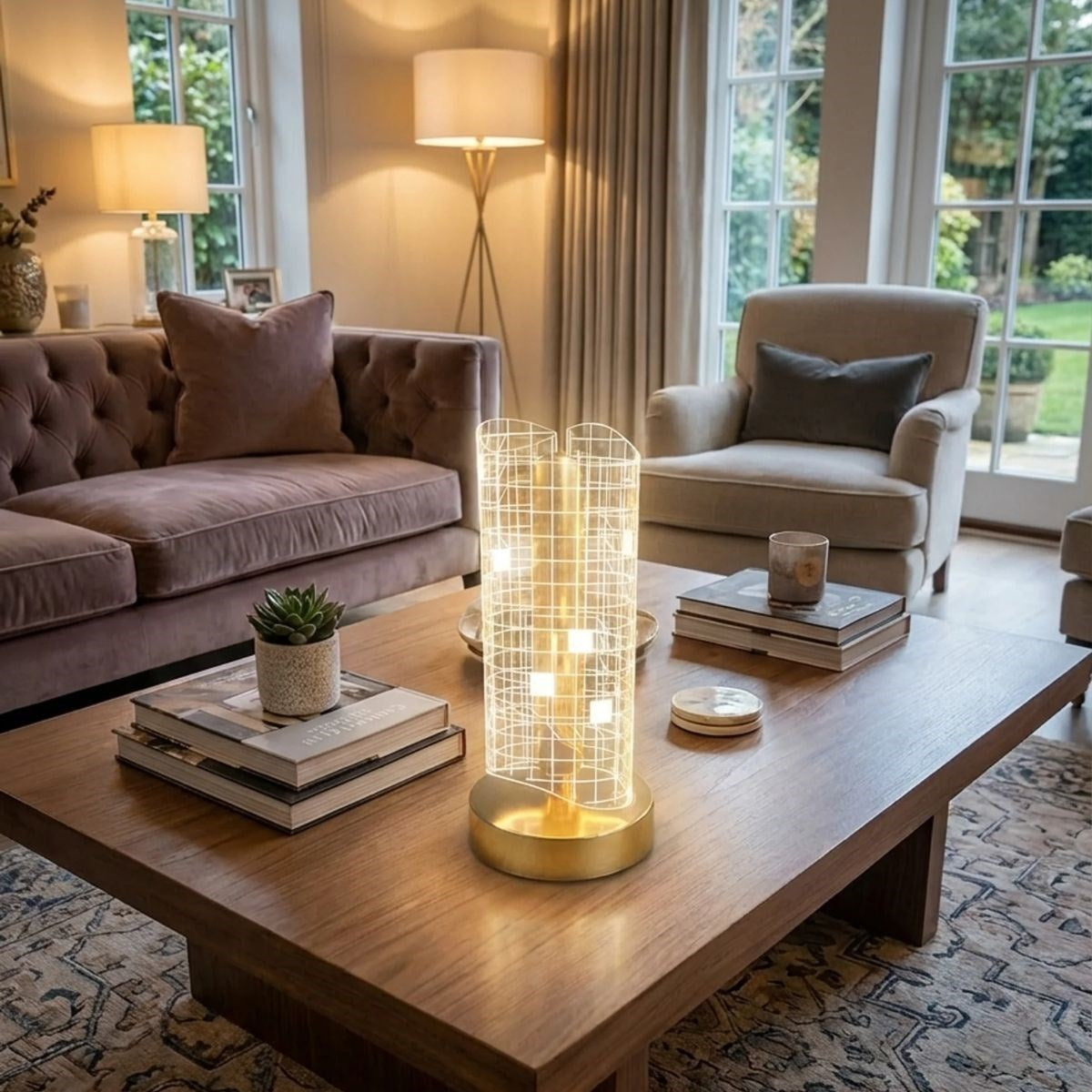 Dalgalı Silindirik Kristal Kareli Model LED Masa Lambası - Gold Tabanlı, Dokunmatik, 3 Renk Işık Modlu, Şarjlı Modern Dekoratif Gece Lambası (5347)