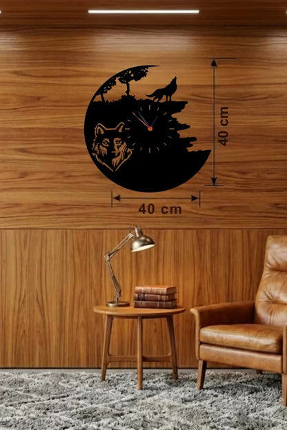 Mey İthalat® Kurt Temalı Lazer Kesim Ahşap Duvar Saati - 40x40 cm Dekoratif