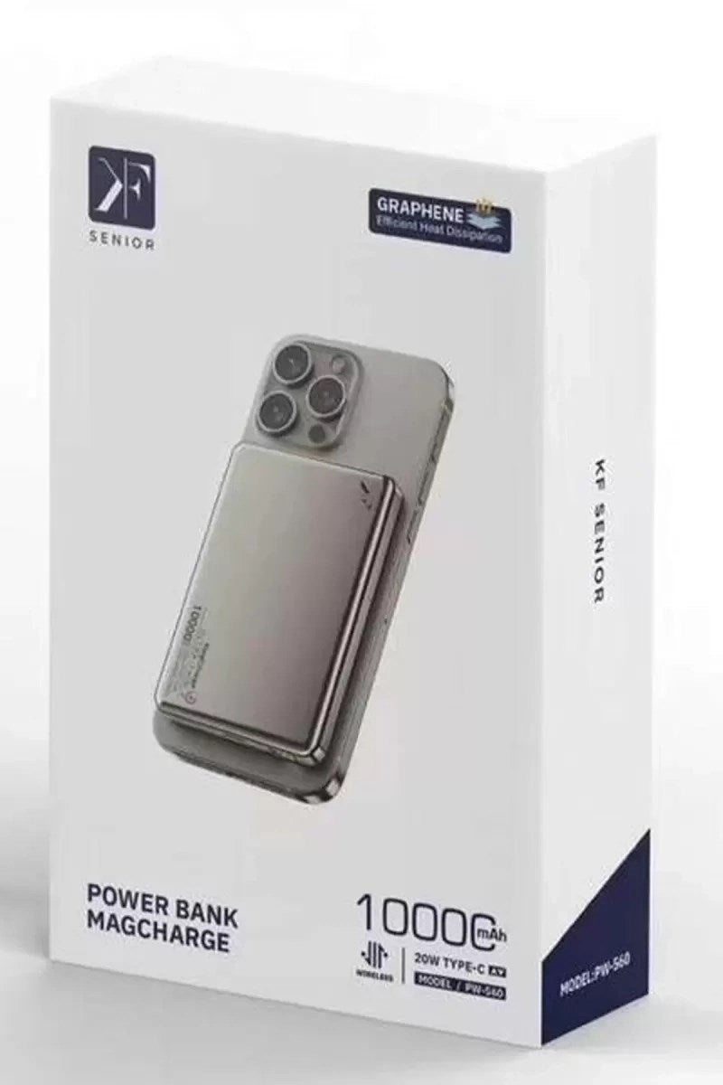 Mey İthalat®  PW560 10.000 mAh Dijital Göstergeli 20W Type-C ve 15W Kablosuz Şarj PD Hızlı Şarj Magsafe Powerbank - Titanyum