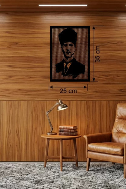 Mey İthalat® Atatürk Line Art Metal Görünümlü Ahşap Tablo - Modern Ofis ve Ev Dekoru