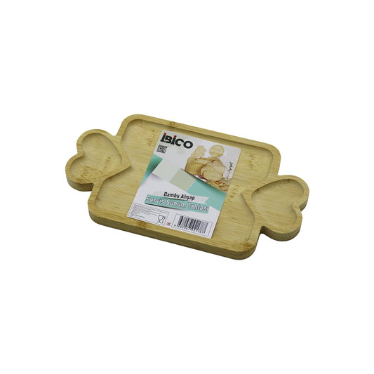 DİKDÖRTGEN 3 BÖLMELİ=2İN1 KALP KULP - BÖLME + 1 AHŞAP BAMBU SERVİS SUNUM TEPSİ - TAHTASI 25 X 14 X 1.4CM (5347)