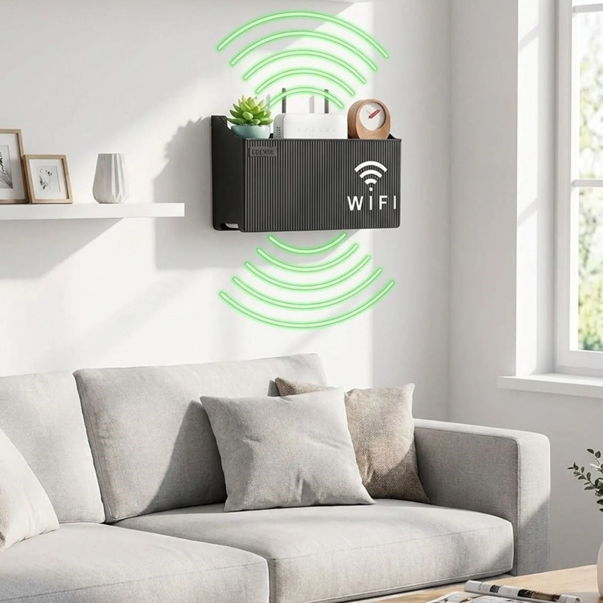 Duvar Tipi Wi-Fi Modem Saklama Kutusu(Siyah) - Kablo Düzenleyici Router Raf Organizer (5347)