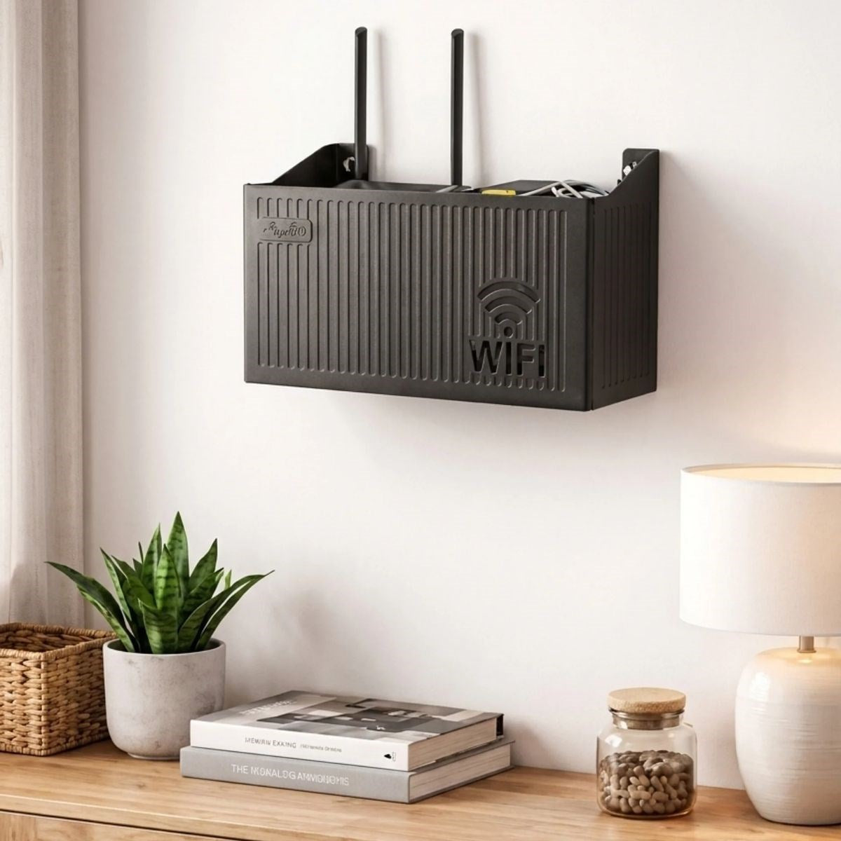 Duvar Tipi Wi-Fi Modem Saklama Kutusu(Siyah) - Kablo Düzenleyici Router Raf Organizer (5347)