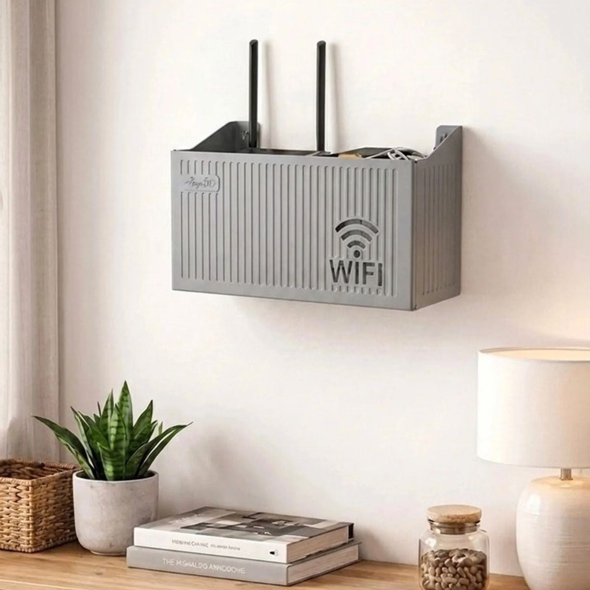 Duvar Tipi Wi-Fi Modem Saklama Kutusu(Gri) - Kablo Düzenleyici Router Raf Organizer (5347)