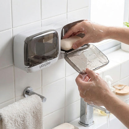 Duvara Monte İkili Kapaklı Plastik Katı Sabunluk Organizer - Banyo & Mutfak İçin Yapışkanlı Sabun Kutusu ve Düzenleyici (5347)